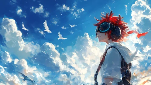 Red-haired sky dreamer gazes upward amid soaring birds.