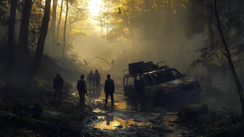 Survivors on flooded forest road with abandoned vehicle.