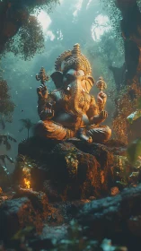 Ganesha stone statue seated in dense misty forest clearing.