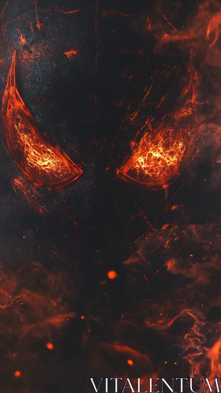 Digital painting of molten mask with fiery negative space eyes.