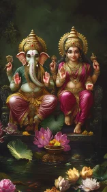 Two deities seated on ornate throne before lotus-filled water