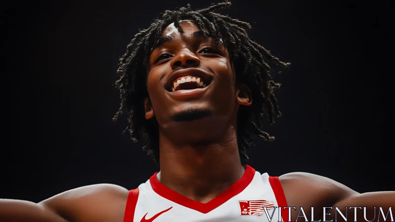 Joyful basketball player under stadium lights, low angle portrait.