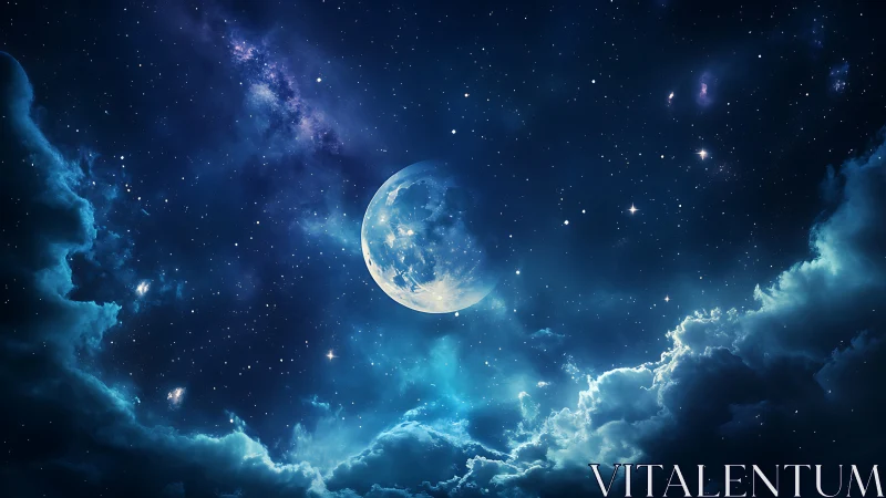 Moonlit nebula glows through swirling cosmic storm clouds.