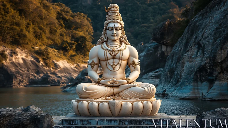 Large seated deity sculpture beside rocky river gorge.