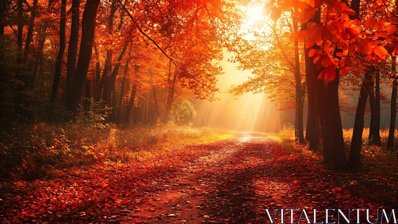 Sunlit autumn forest path glowing with warm golden light.