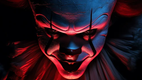 Sinister clown portrait with dramatic red blue lighting.