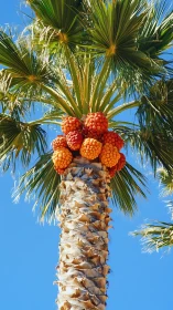 Palm tree fruit clusters under high-contrast midday sunlight
