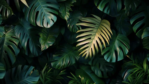 Dense tropical monstera foliage with central lit leaf.