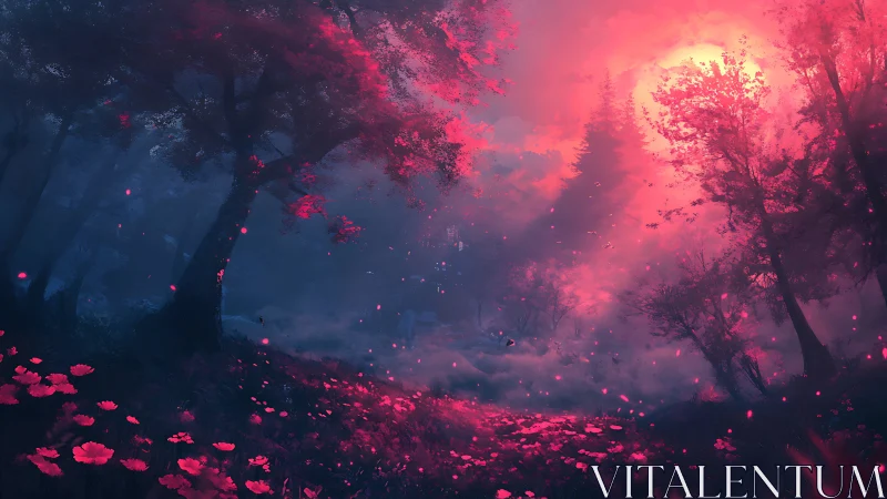 Dense forest landscape under intense pink misty light.