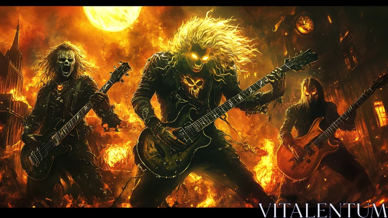 Infernal metal trio shredding under a burning moonlit sky.