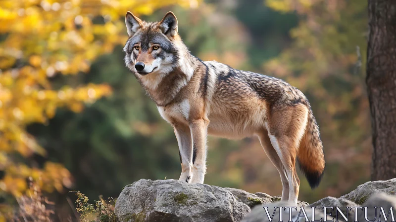 Gentle autumn wolf watching over a sunlit forest edge.
