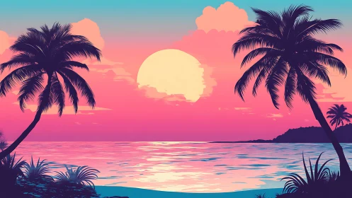 Neon tropical sunset illuminates calm palm-lined shoreline.