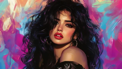 Chromatic portrait of luminous woman amid impasto colorfield.