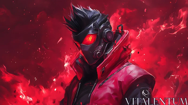 Futuristic masked warrior in red jacket amid red flames.
