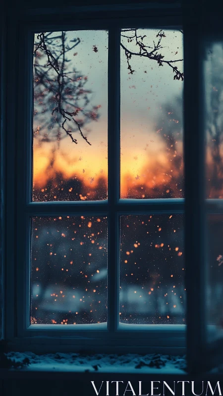 Snowy winter window framing warm glowing sunset sky.