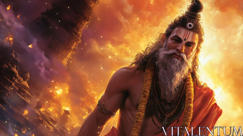 Fiery sage portrait before burning temple city, digital painting