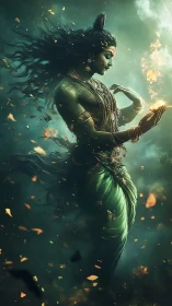 Storm-crowned mystic dances with ember-bright cosmic fire