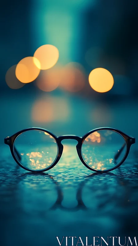 Round eyeglasses on wet surface with blurred city lights.