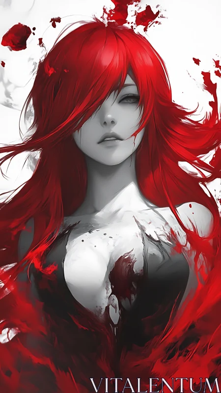 Red haired woman emerges from abstract red fluid shapes
