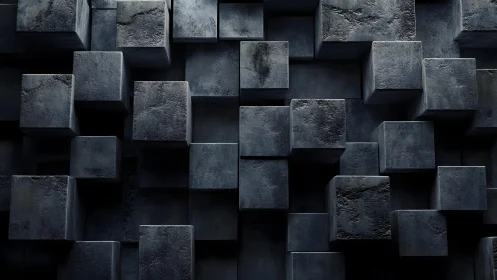 Moody concrete cubes rising in a quiet geometric maze.