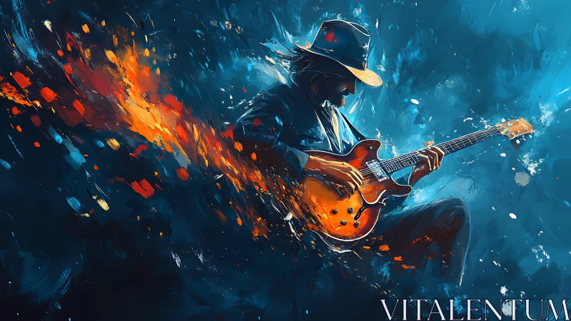 Silhouetted guitarist plays electric guitar in abstract field