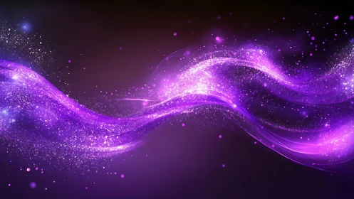 Abstract glowing purple wave with sparkling particles, digital art.