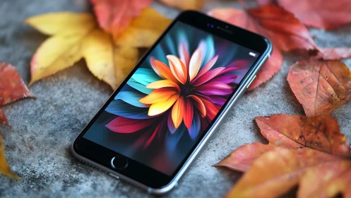 Smartphone with Vibrant Flower Display Surrounded by Autumn Leaves.