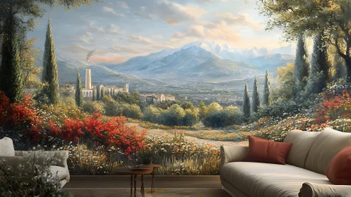 Interior seating area faces large mural of idealized landscape