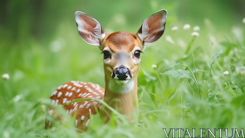 Shallow-depth wildlife portrait of young fawn in meadow focus.