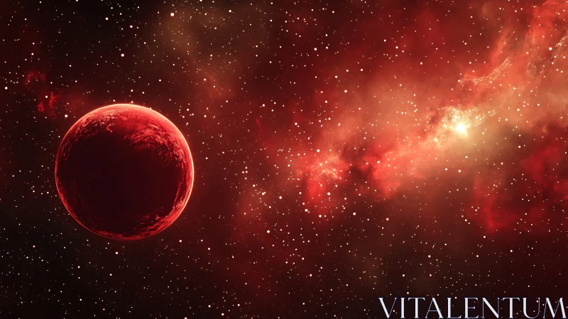 Crimson exoplanet drifts beside radiant red nebula field.