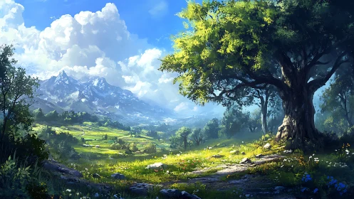 Sunlit valley landscape with lone tree and distant mountains.