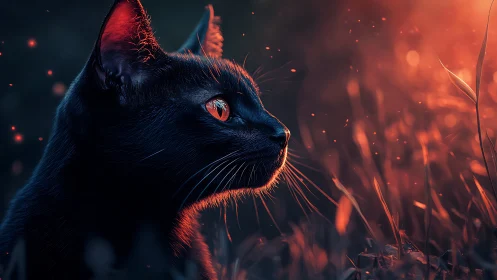 Mystical Black Cat with Glowing Eyes Against Fiery Orange Light