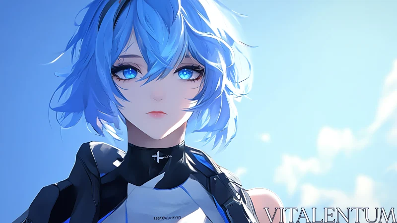 Blue haired android pilot rendered with high contrast cel shading