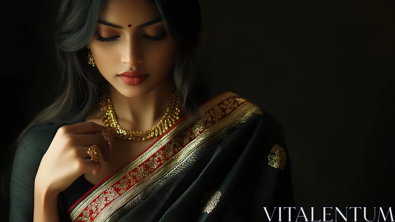 Elegant woman in traditional saree with gold jewelry, moody portrait.