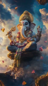 Skyborne Ganesha meditating amid swirling clouds and petals.