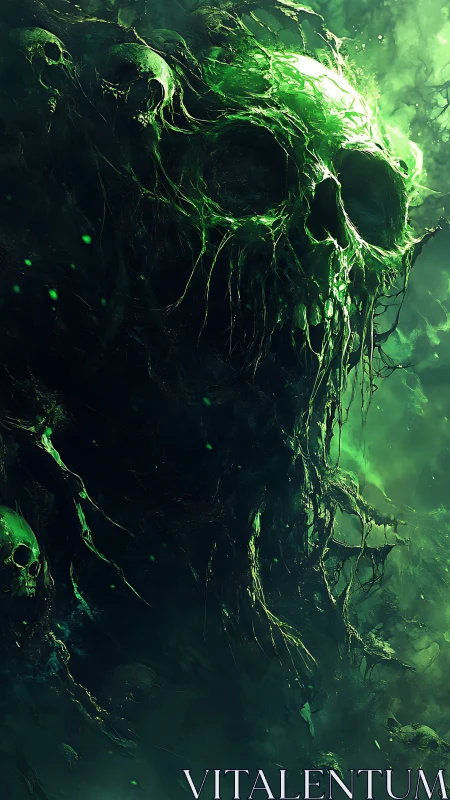 Colossal necrotic skull emerges from luminous toxic mist