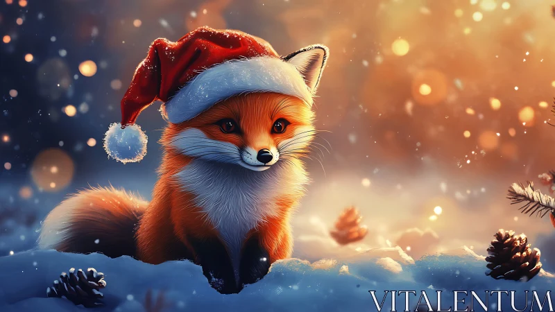 Small red fox in Santa hat sits in snowy winter scene