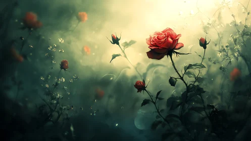 Crimson Roses Suspended in Ethereal Luminescence and Atmospheric Haze