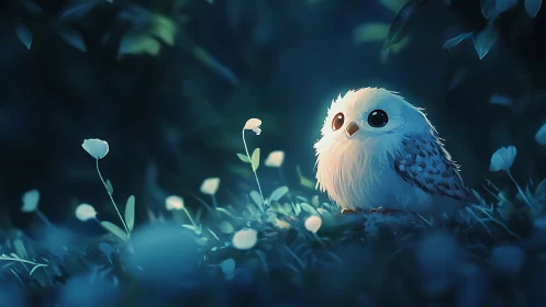 Small fluffy owl resting in soft blue night forest glow.