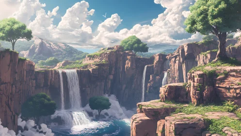 Sunlit canyon waterfalls beneath towering summer clouds.