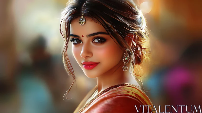 Digital portrait of woman in saree with warm lighting.