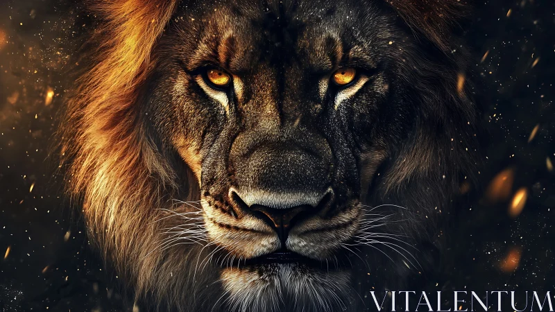 Cinematic lion portrait with ember-lit mane and golden gaze