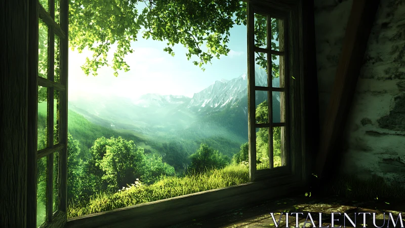 Sunny mountain valley framed by a cozy open window view.