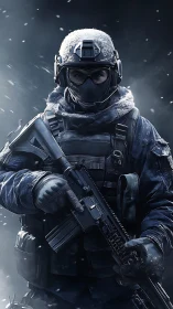 Armed tactical soldier in winter combat uniform holding rifle.