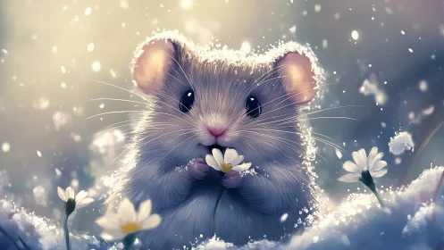 Snowlit mouse cradling daisies in softly glowing frost.