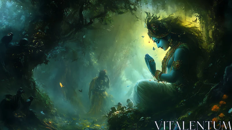 Blue-skinned deity in dense forest with praying posture.