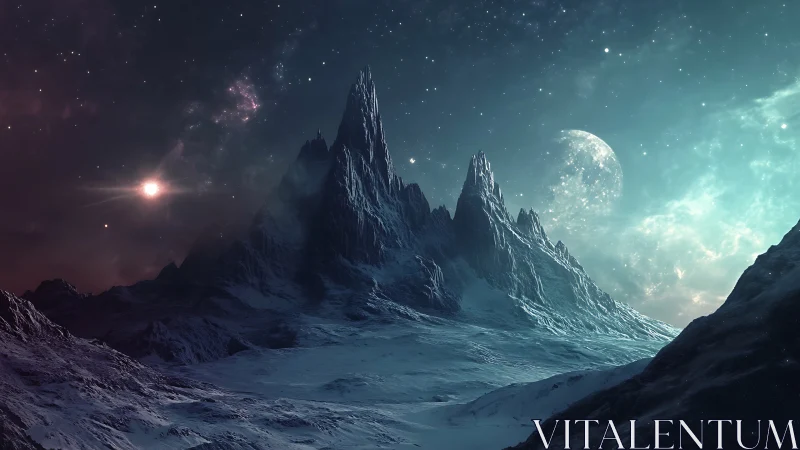 Frozen alien peaks under distant moonlit nebula sky.