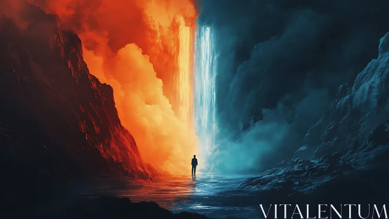 Solitary figure between blazing lava and icy waterfall.