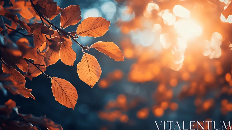 Autumn leaves on tree branch with warm, dreamy sunlight bokeh.