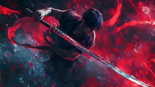 Sword wielding fighter lunges forward through red motion blur